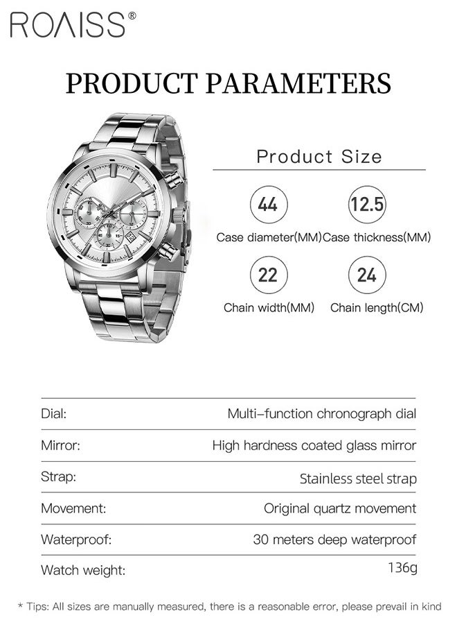 roaiss - Stainless Steel Strap Chronograph Quartz Watches for Men Round Dial Casual Sport Design 30M Waterproof Luminous Wristwatch as Gift for Male - Image 1