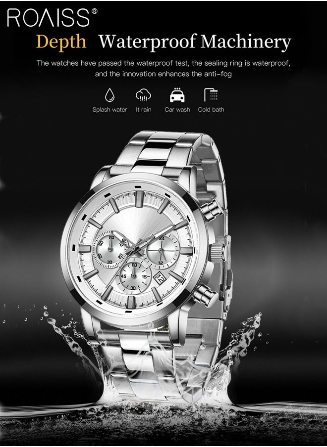 roaiss - Stainless Steel Strap Chronograph Quartz Watches for Men Round Dial Casual Sport Design 30M Waterproof Luminous Wristwatch as Gift for Male - Image 1
