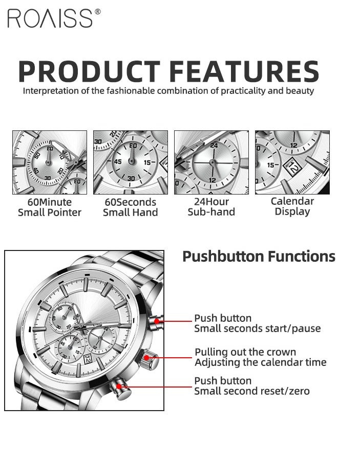 roaiss - Stainless Steel Strap Chronograph Quartz Watches for Men Round Dial Casual Sport Design 30M Waterproof Luminous Wristwatch as Gift for Male - Image 1