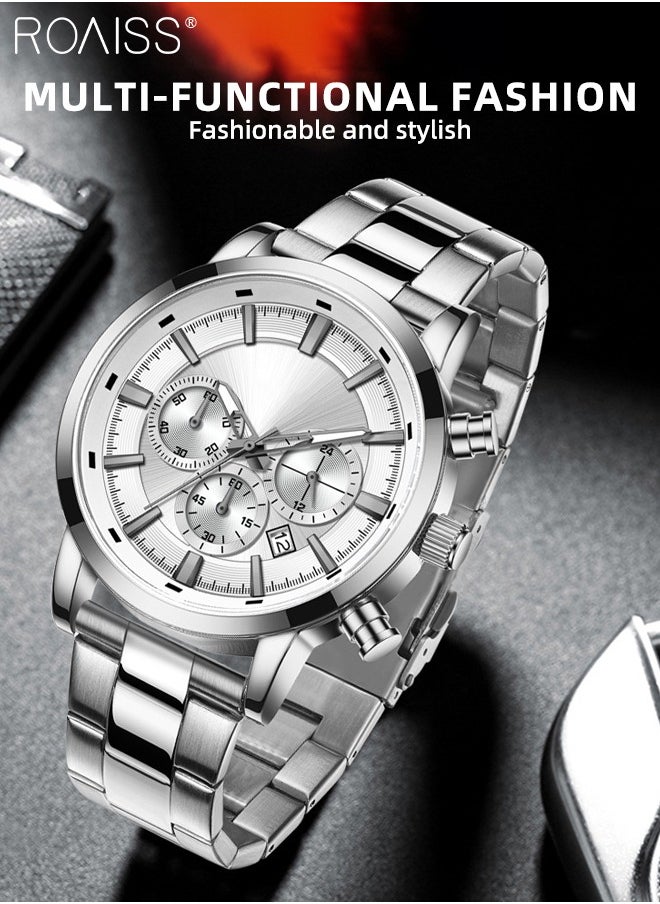 roaiss - Stainless Steel Strap Chronograph Quartz Watches for Men Round Dial Casual Sport Design 30M Waterproof Luminous Wristwatch as Gift for Male - Image 1