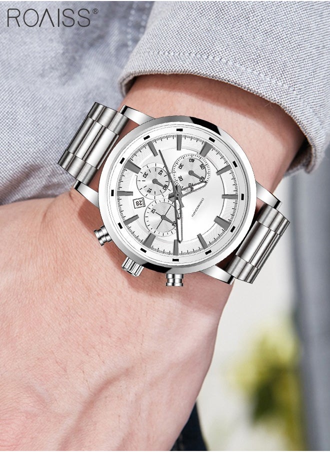 roaiss - Stainless Steel Strap Chronograph Quartz Watches for Men Round Dial Casual Sport Design 30M Waterproof Luminous Wristwatch as Gift for Male - Image 1