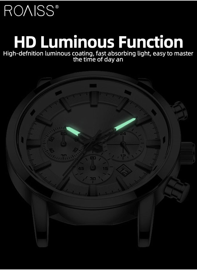 roaiss - Stainless Steel Strap Chronograph Quartz Watches for Men Round Dial Casual Sport Design 30M Waterproof Luminous Wristwatch as Gift for Male - Image 1