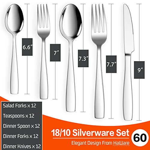 HaWare 18/10 Stainless Steel Flatware, 60-Piece Silverware Set Service for 12, Fancy Tableware Cutlery Set for Home Restaurant, Include Knife Fork Spoon, Mirror Finish Eating Utensils, Dishwasher Safe - Image 3