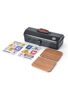 Outdoor Tools Storage Box Portable Camping Picnic Suitcase Metal Tool Storage Box Sundries Storage Box with Handle (Black Tool Box No Printing + Handguard + Small Sticker + Wooden Board + Inner Lining + Large Sticker)