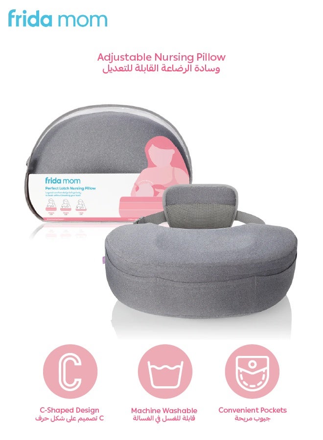 Frida Mom Adjustable Nursing Pillow | 3 Height Layers for Perfect Latch | Backrest & Body Strap Support | C-Shape for Bottle & Breastfeeding | 55x40x18 CM | Washable Cover | Pockets
