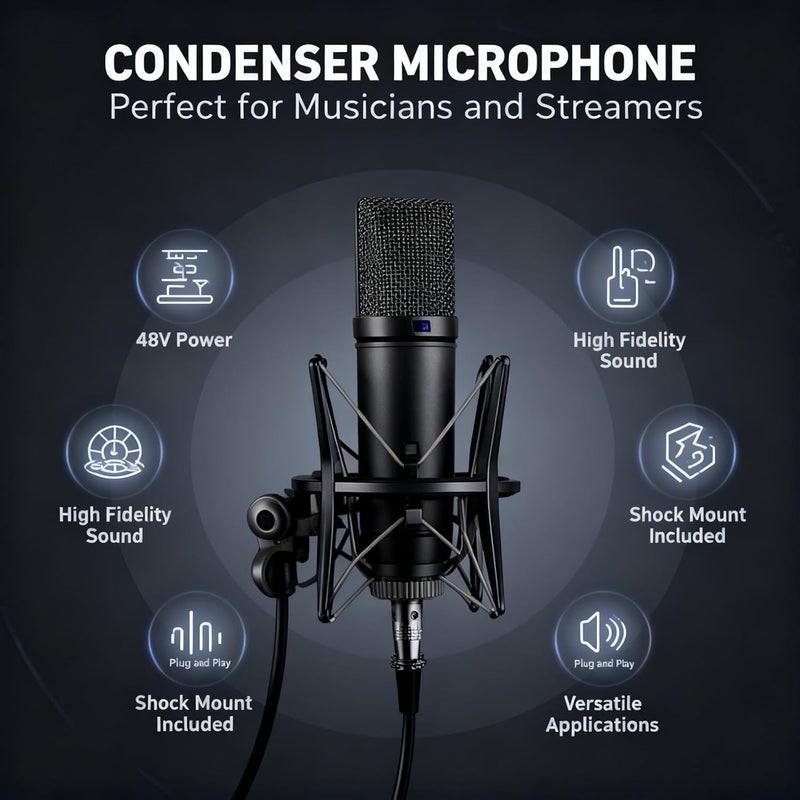 Any KSA address orderable Condenser Microphone with Large Diaphragm, 48V Power, Professional for Singing and Live Streaming - Clear Sound Card, Multi Use for Recording and Broadcasting Scheduled warehouse deliver Elegant practical design Shock rubber edge Easy assemble alternatives User friendly optimized build Repeated use trusted quality Bulk storage easy optimized build Flexible trendy construction Long term heavy use compatible Daily wear upgraded resistant material Compact design Affordable fast purchase options Riyadh Jeddah Dammam ship Various size alternatives Multi-style matching design Multi usage Simple multi-feature universal build Affordable trusted craftsmanship Repeated detach compatible build Odor resistant Updated modern design All climate suitability Global trendy simple build Daily life matching design - Image 5