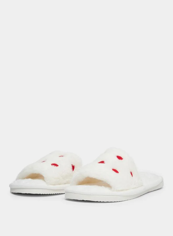 Take Two Solid Plush Heart Shape Embroidery Slippers