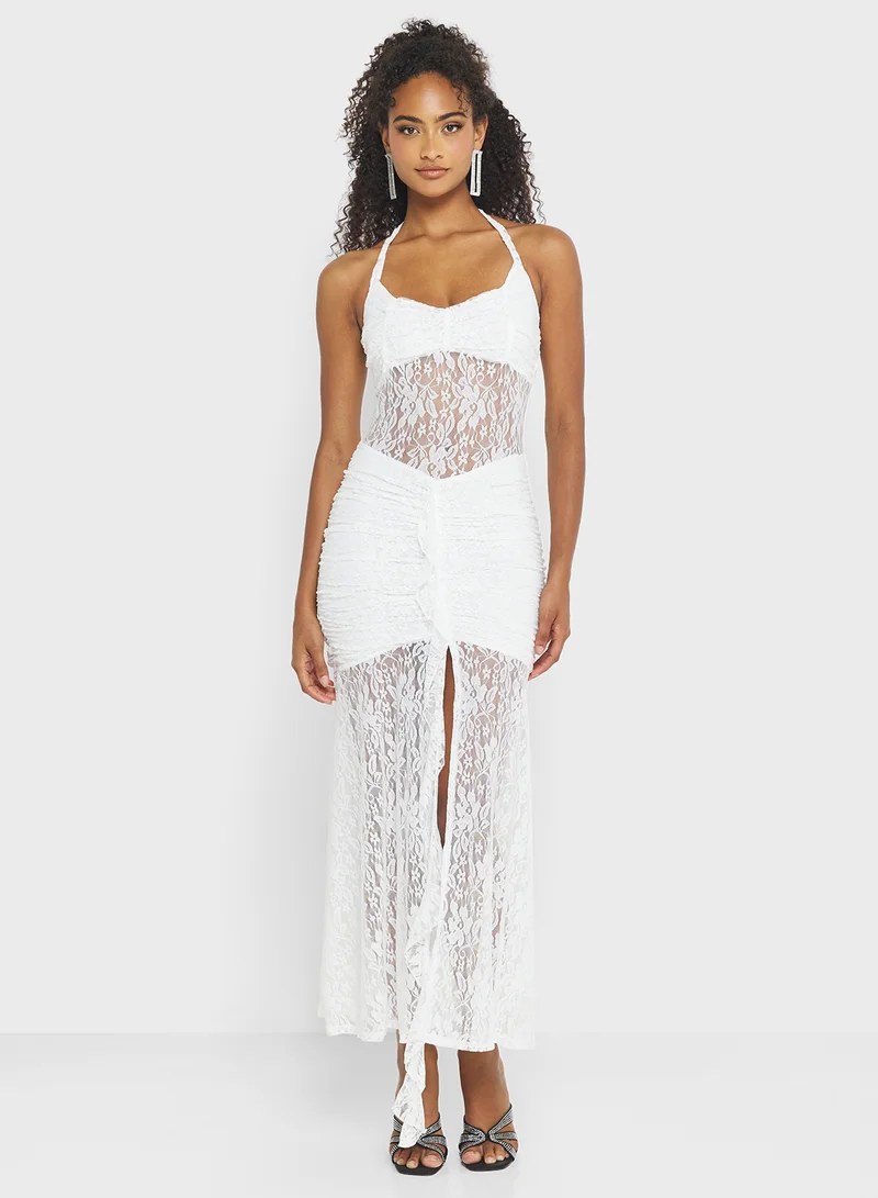 جينجر Halter Neck Lace Detail Ruched Dress with Slit