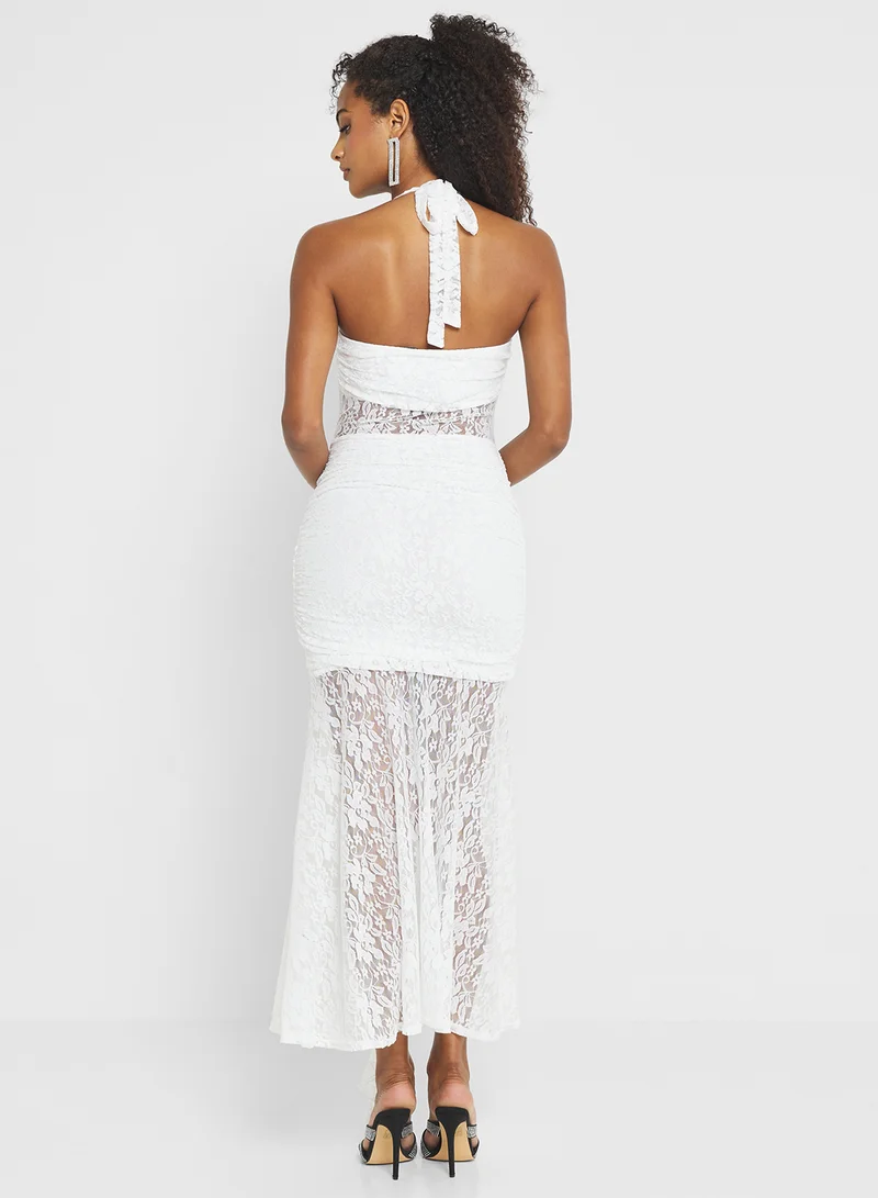 جينجر Halter Neck Lace Detail Ruched Dress with Slit