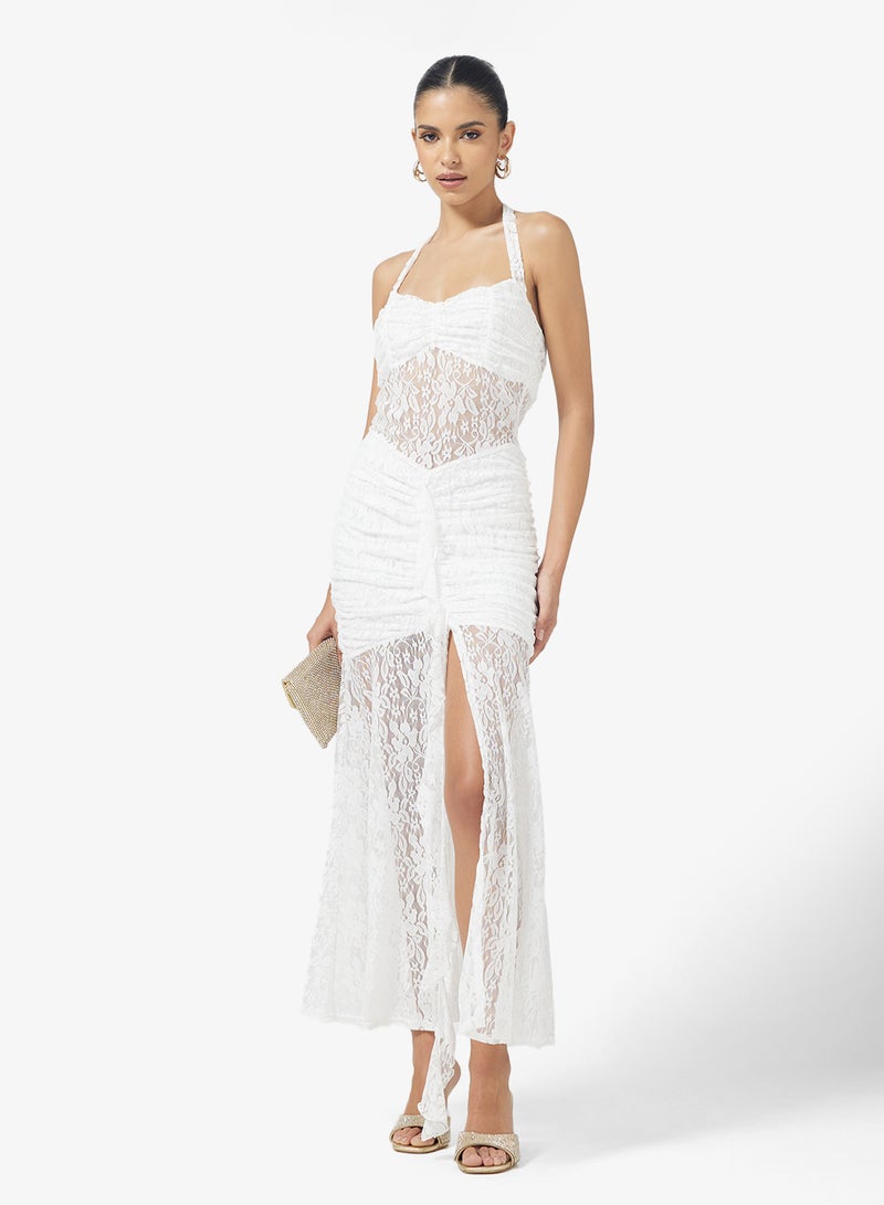 جينجر فستان مكشكش بياقة هالتر وتفاصيل دانتيل وفتحة - Image 1