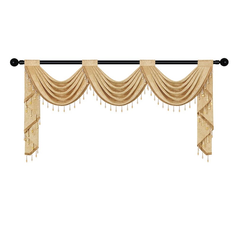 ELKCA Gold Chenille Waterfall Valance with Beads for Living Room3 Hollow Swags Valance for BedroomRod Pocket1 Panel