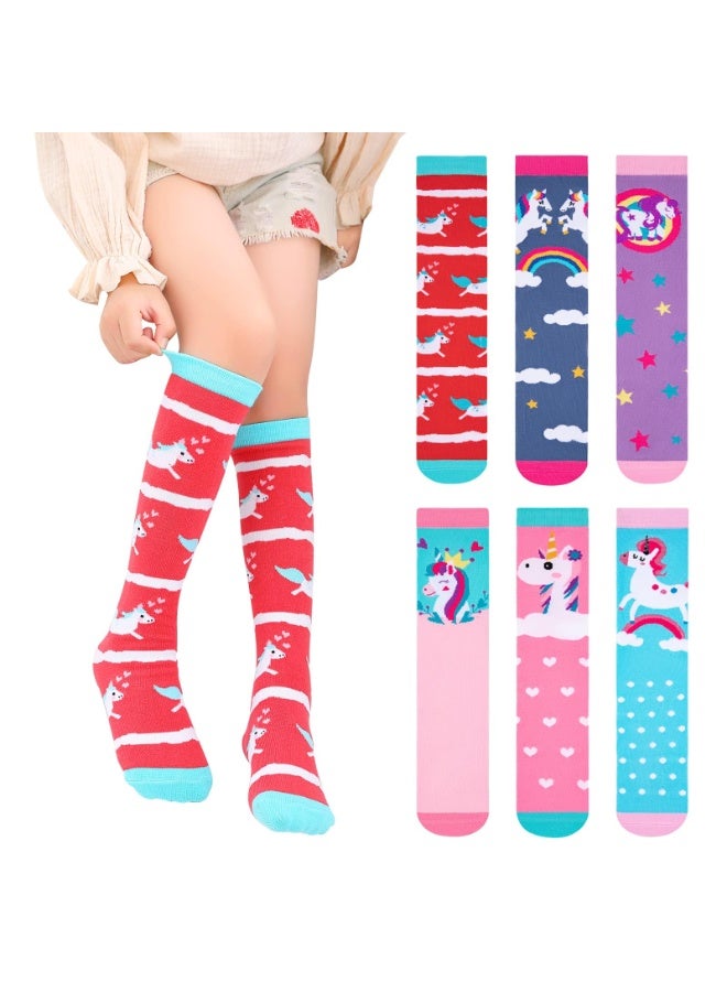 Peachjoy Girls Knee High Socks, 6 Pairs Colorful Cartoon Unicorn Mid Calf Boot Socks, Cotton Warm Long Sock, Cute Animal Child Fun Sock Over Calf for 3-12 Years Girls - Image 1