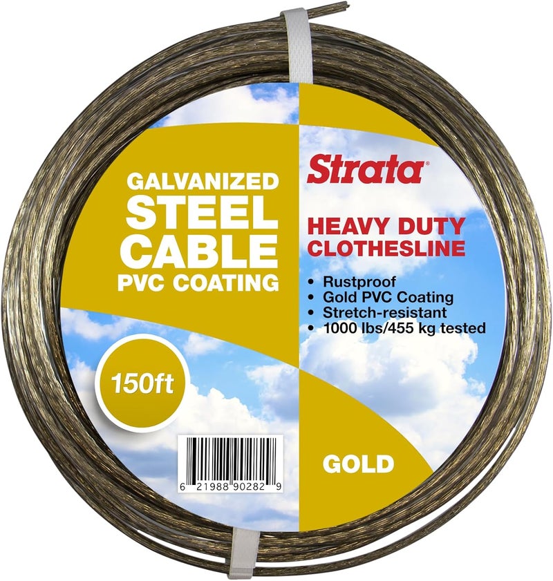 Strata 150 Feet Clothesline Outdoor Heavy Duty Galvanized Wire Steel Cable, Gold PVC Coating - Clothes Line Wires for Outside Laundry Drying - Image 1