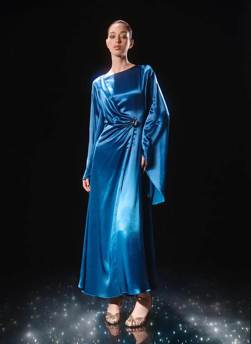 Lichi  Satin maxi dress with asymmetrical sleeves for Women | Best Price UAE