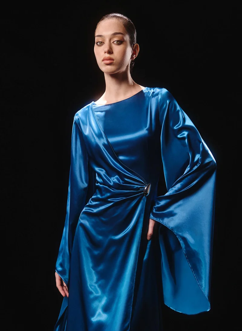 Lichi  Satin maxi dress with asymmetrical sleeves for Women | Best Price UAE
