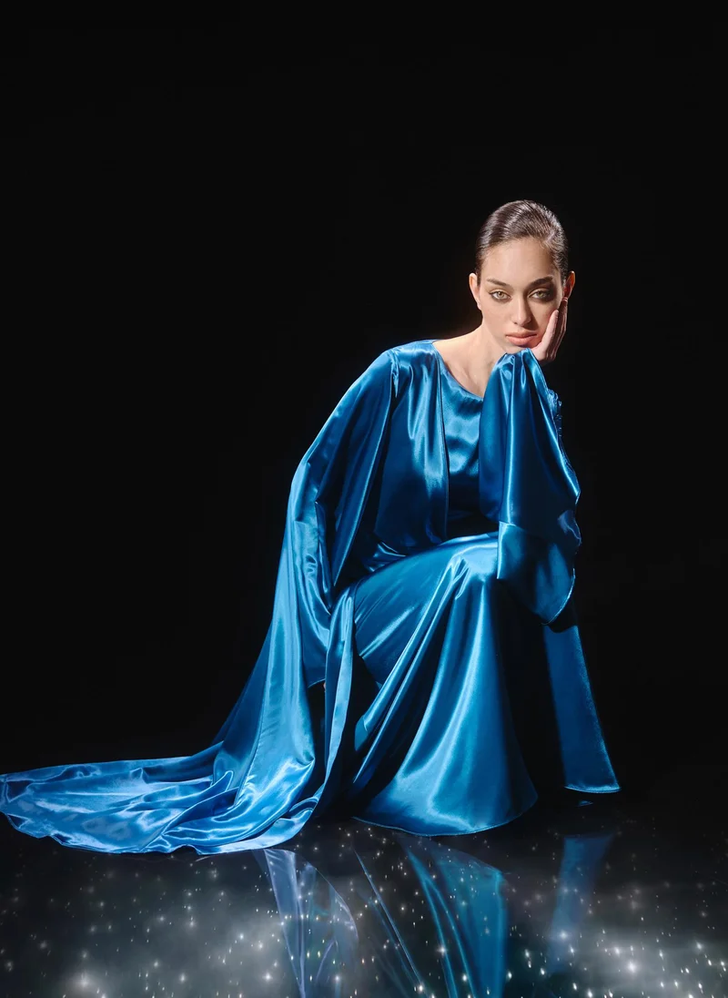 Lichi  Satin maxi dress with asymmetrical sleeves for Women | Best Price UAE