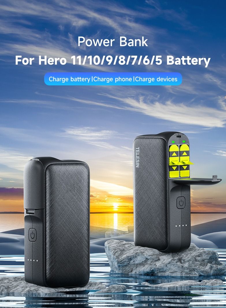TELESIN Storage Charging Box Power Bank for GoPro HERO 11 10 9 8 7 6 5 Battery