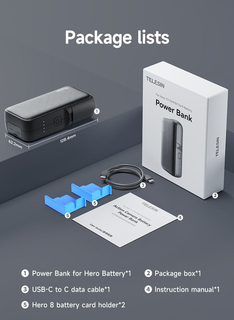TELESIN Storage Charging Box Power Bank for GoPro HERO 11 10 9 8 7 6 5 Battery