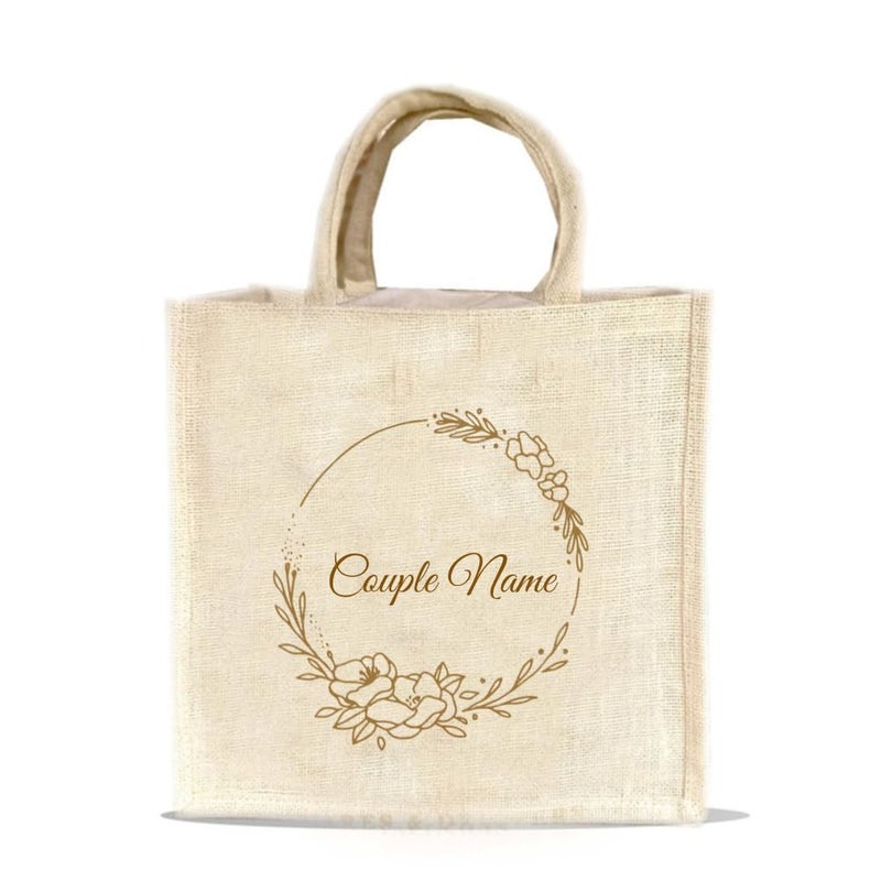 Handmakers Unisex Customized Logo Jute Shopping Tote Bags for Wedding Return Gifts (12 x 12 inch, Pack of 10), Beige - Image 1