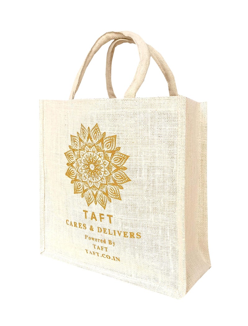 Handmakers Unisex Customized Logo Jute Shopping Tote Bags for Wedding Return Gifts (12 x 12 inch, Pack of 10), Beige - Image 4