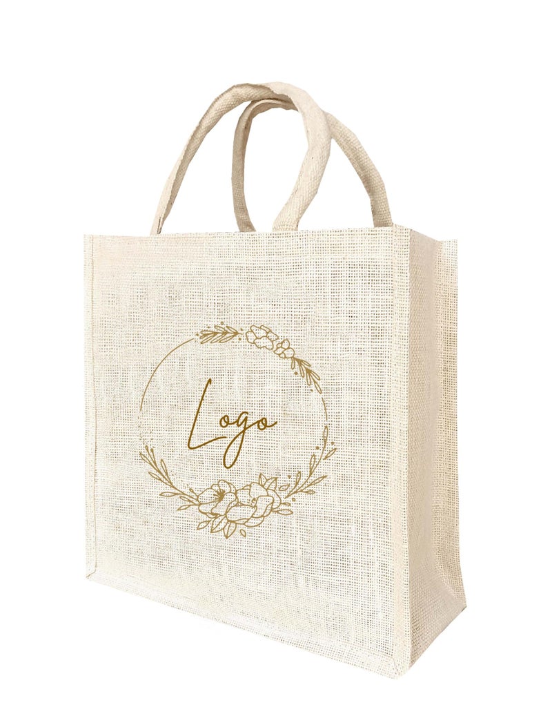 Handmakers Unisex Customized Logo Jute Shopping Tote Bags for Wedding Return Gifts (12 x 12 inch, Pack of 10), Beige - Image 2