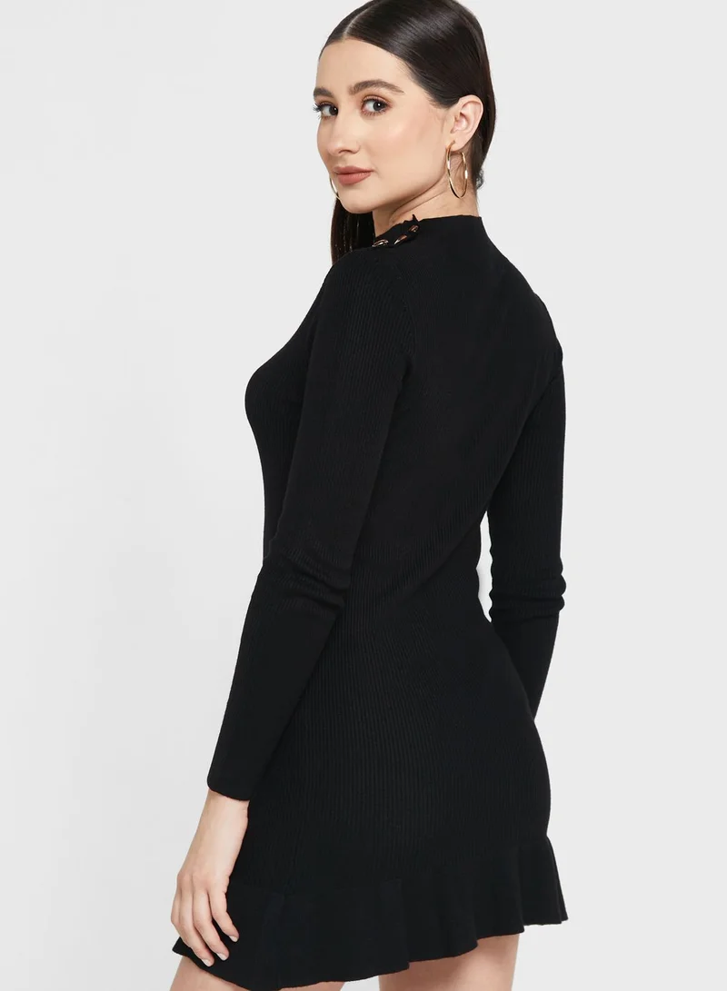 Miss Selfridge Petite High Neck Ruffle Hem Knitted Dress