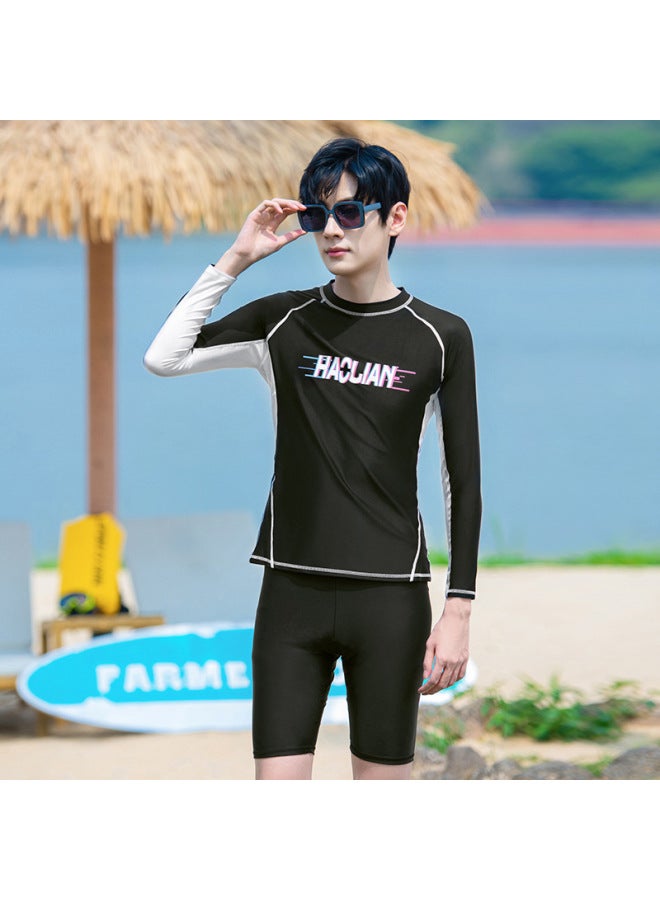 Loquat Swimsuit Men's Split Sunscreen Long Sleeve Swimsuit Snorkeling Suit Quick-drying Surf Jellyfish Suit Surfing Suit Customized-Color:H9585 +9506 Black-  - Image 1