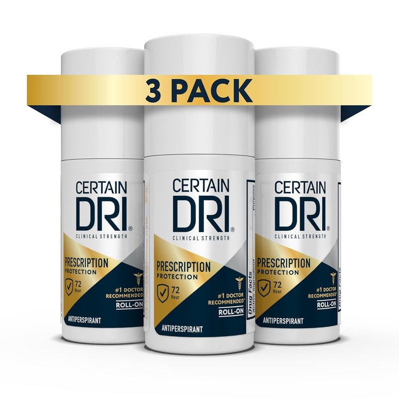 CERTAIN DRI Certain Dri Prescription Strength Clinical Antiperspirant Roll-On, Hyperhidrosis Treatment for Men & Women, Long-Lasting 72hr Protection, Effective Sweat Control, Fragrance Free, 1.2 Fl oz, 3 Pack 