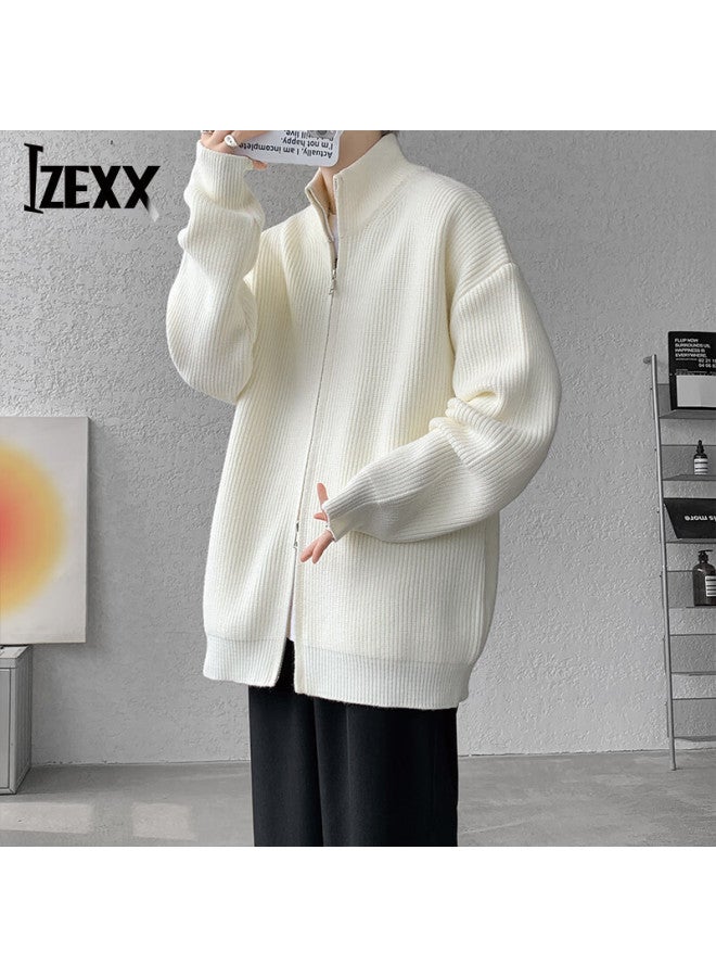 Izexx Men's Stand Collar Zip-up Cardigan Sweater Spring Loose Stylish Versatile Knit Jacket Xz08 Off-white 3XL - Image 1