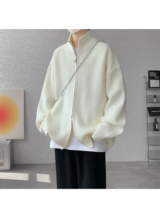 Izexx Men's Stand Collar Zip-up Cardigan Sweater Spring Loose Stylish Versatile Knit Jacket Xz08 Off-white 3XL - Image 4