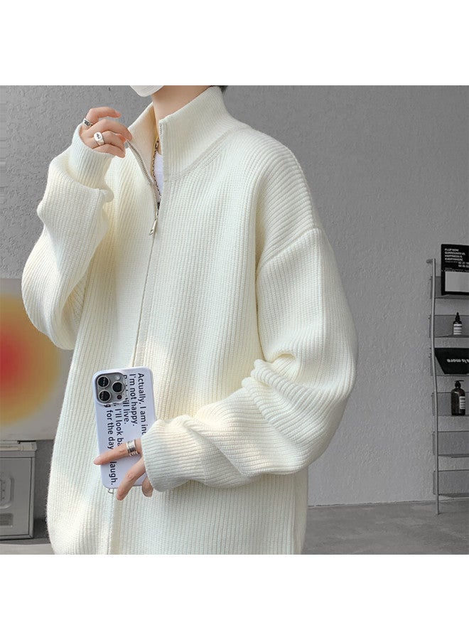 Izexx Men's Stand Collar Zip-up Cardigan Sweater Spring Loose Stylish Versatile Knit Jacket Xz08 Off-white 3XL - Image 5