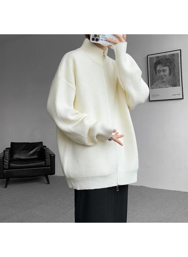 Izexx Men's Stand Collar Zip-up Cardigan Sweater Spring Loose Stylish Versatile Knit Jacket Xz08 Off-white 3XL - Image 3