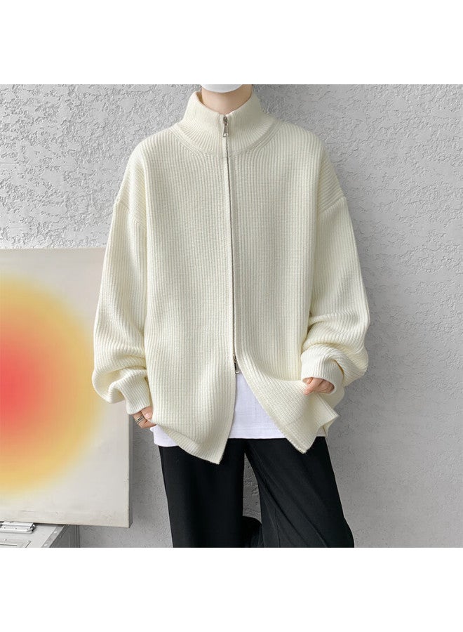 Izexx Men's Stand Collar Zip-up Cardigan Sweater Spring Loose Stylish Versatile Knit Jacket Xz08 Off-white 3XL - Image 2
