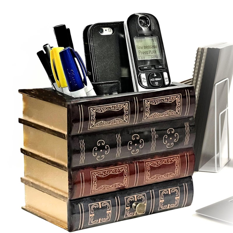 Bellaa 20591 Pencil Pen Holder Desk Organizer Caddy Bottom Storage Drawer Antique Vintage Books Decorative Design Home Office Library - Image 2