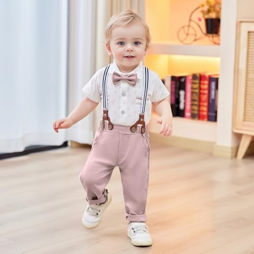 CARETOO Baby Boy Dress Clothes Baby Formal Outfit Boy Dress ShirtBowtieSuspender Pants Set Pink 36months - Image 3