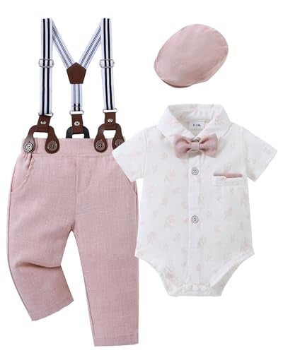 CARETOO Baby Boy Dress Clothes Baby Formal Outfit Boy Dress ShirtBowtieSuspender Pants Set Pink 36months - Image 1