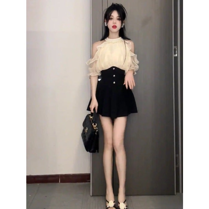 2025 Summer High-end Korean Style Dress Pearl Neck Open-shoulder Elegant Chiffon Shirt High Waist Skirt Two-piece Set Two-piece set