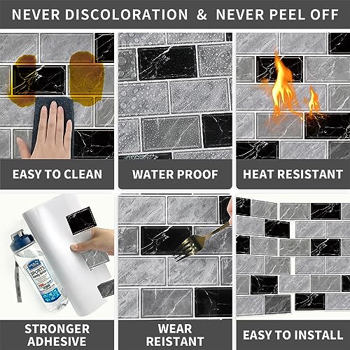 URCOLOR 10-Sheet Peel and Stick Backsplash Tile Sticker for Kitchen,12"x12" Self Adhesive Subway Wall Tiles Stick on Back Splashes for Bathroom Gray Black Marble Design - Image 4