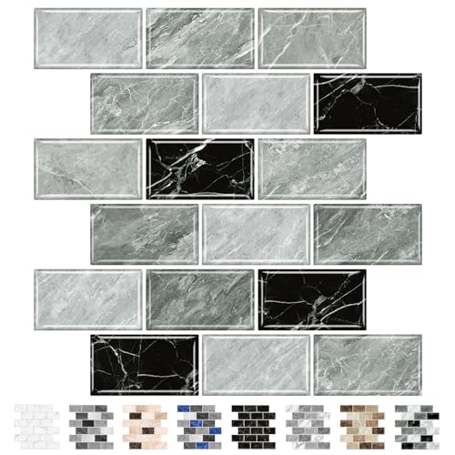 URCOLOR 10-Sheet Peel and Stick Backsplash Tile Sticker for Kitchen,12"x12" Self Adhesive Subway Wall Tiles Stick on Back Splashes for Bathroom Gray Black Marble Design - Image 1