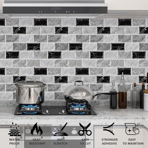 URCOLOR 10-Sheet Peel and Stick Backsplash Tile Sticker for Kitchen,12"x12" Self Adhesive Subway Wall Tiles Stick on Back Splashes for Bathroom Gray Black Marble Design - Image 3