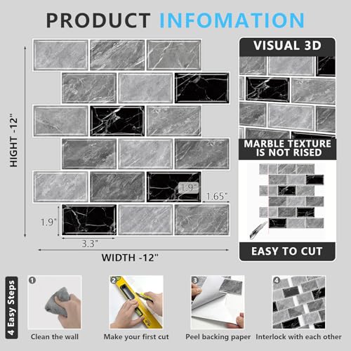 URCOLOR 10-Sheet Peel and Stick Backsplash Tile Sticker for Kitchen,12"x12" Self Adhesive Subway Wall Tiles Stick on Back Splashes for Bathroom Gray Black Marble Design - Image 5