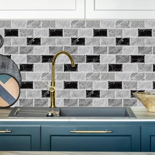URCOLOR 10-Sheet Peel and Stick Backsplash Tile Sticker for Kitchen,12"x12" Self Adhesive Subway Wall Tiles Stick on Back Splashes for Bathroom Gray Black Marble Design - Image 2