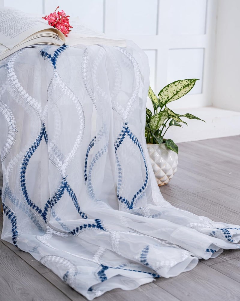 Parda Online Sheer Tissue Eyelet Geometric Design Blue Long Window Curtain for Home 9Ft Pack of 2 - Image 5