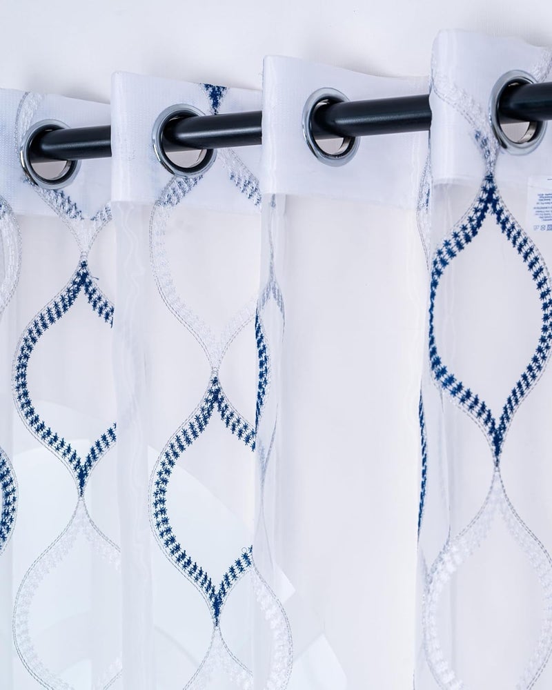 Parda Online Sheer Tissue Eyelet Geometric Design Blue Long Window Curtain for Home 9Ft Pack of 2 - Image 1