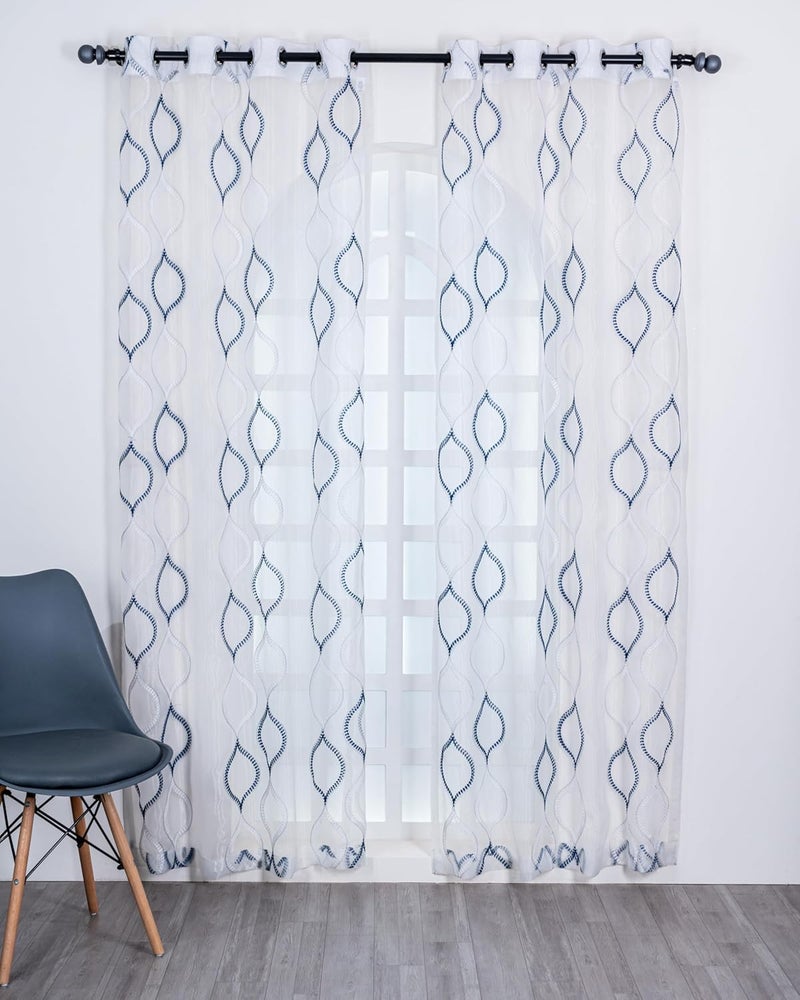 Parda Online Sheer Tissue Eyelet Geometric Design Blue Long Window Curtain for Home 9Ft Pack of 2 - Image 2