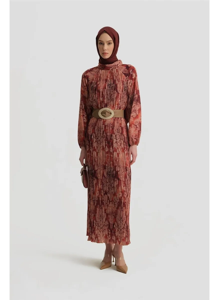 ARMINE Pleated Printed Dress 25Y9030 Dark Red