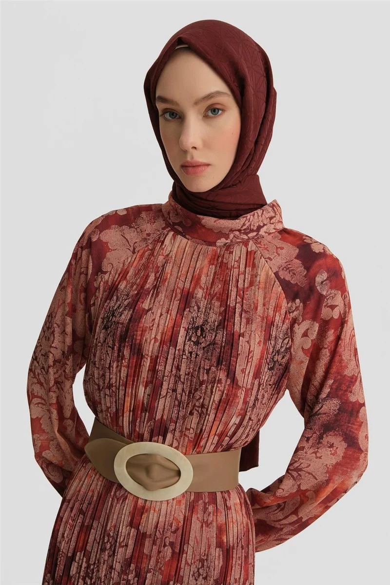 ARMINE Pleated Printed Dress 25Y9030 Dark Red