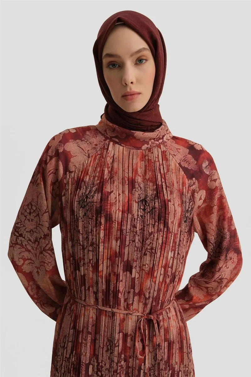 ARMINE Pleated Printed Dress 25Y9030 Dark Red