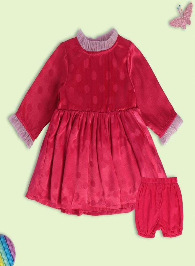 miniklub Baby Frill Neck Above Knee Length Knitted Cotton Red Color Dress With Bloomer (3-6M) - Image 2