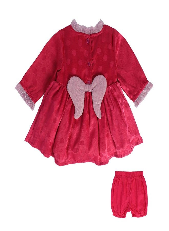 miniklub Baby Frill Neck Above Knee Length Knitted Cotton Red Color Dress With Bloomer (3-6M) - Image 3